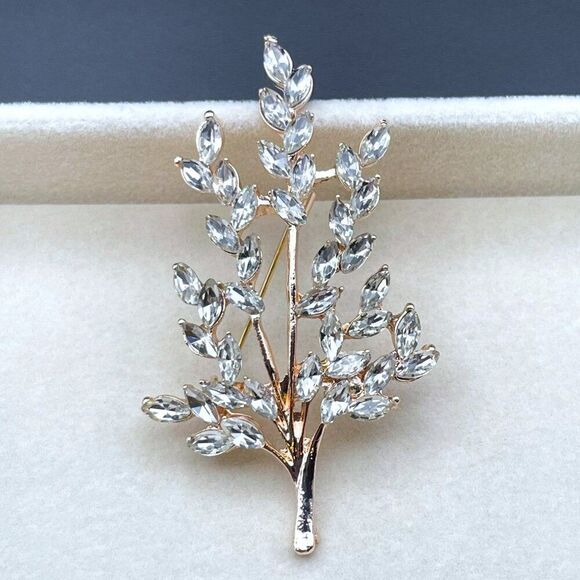 Rose Gold with White Diamond Crystal Tree Branch with Leaves Pin Back Brooch - Picture 7 of 9